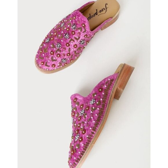 Free People Cosmic Pink Magenta Dancing Queen Velvet  Beaded Loafer Mules… - Picture 3 of 11